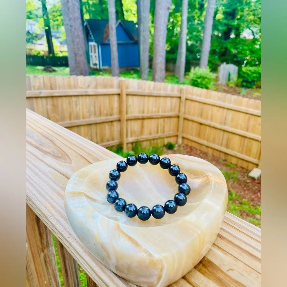 Natural Russian Shungite Unisex Mineral Large Black Round Bead Bracelet 12mm